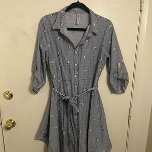 Asymmetrical hem button up shirt midi dress blue stripe size XL duster